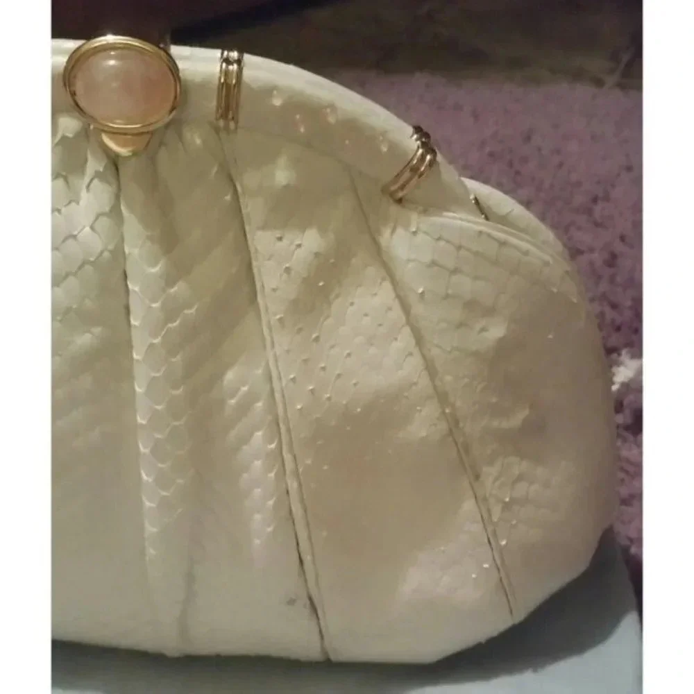 VTG Judith Leiber Snakeskin White Handbag with Pink Agate Grannycore Orig Box